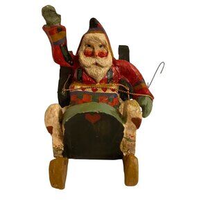 1989 House Of Hatten Hand-Painted Santa Claus Sleigh Ornament Christmas Folk Art